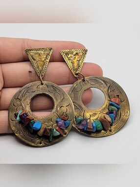 Brass Boho Disc Drop Stud Earrings Genuine Gemstone Chips